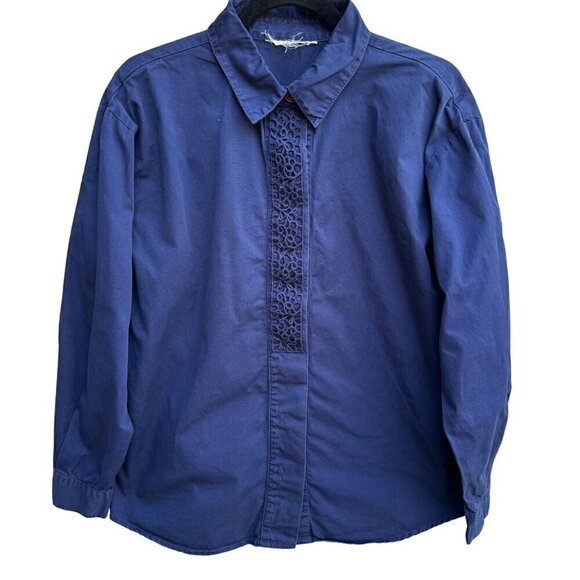 Source Unknown Tops - Vintage Womens Navy Blue Long Sleeve Hidden Buttons Lace Crochet Detail Shirt